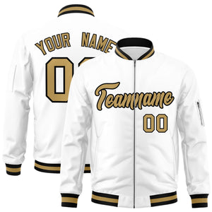 Custom White Old Gold-Black Varsity Full-Zip Letterman Bomber Jacket