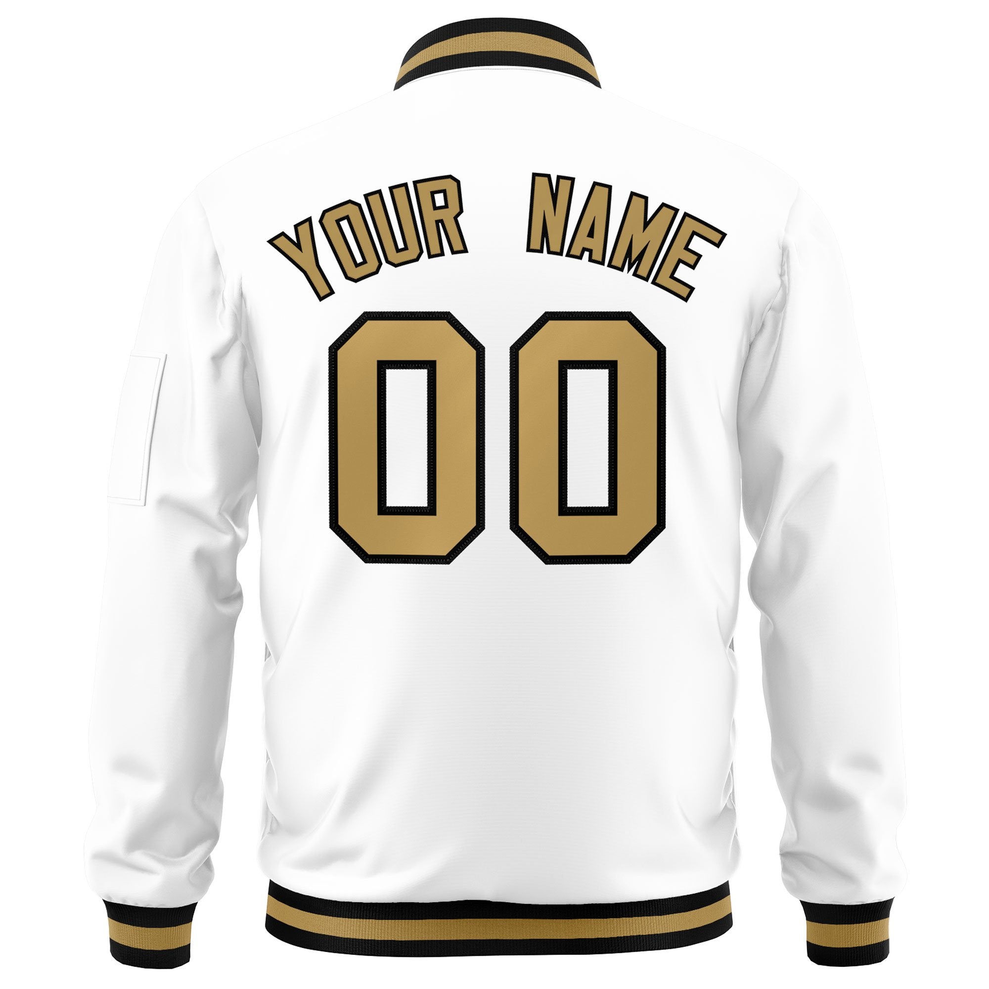 Custom White Old Gold-Black Varsity Full-Zip Letterman Bomber Jacket