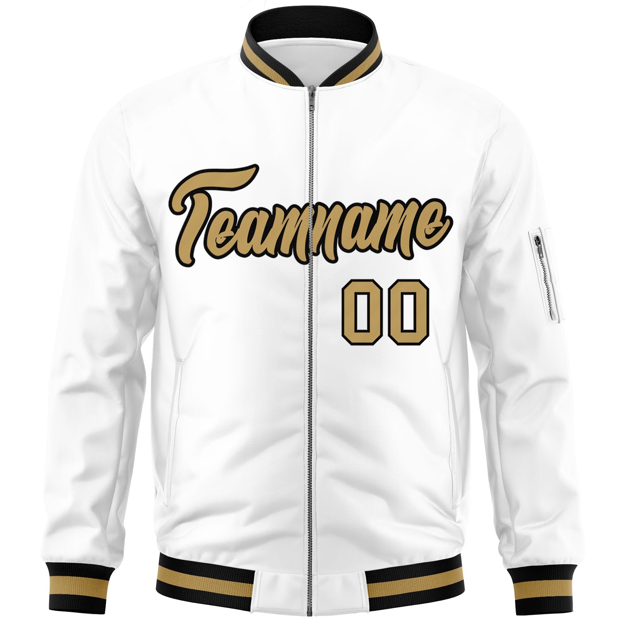 Custom White Old Gold-Black Varsity Full-Zip Letterman Bomber Jacket