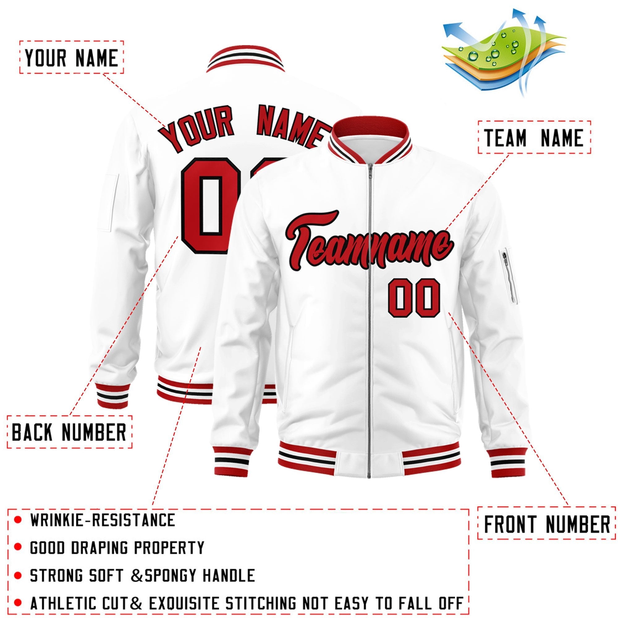 Custom White Red-Black Varsity Full-Zip Letterman Bomber Jacket