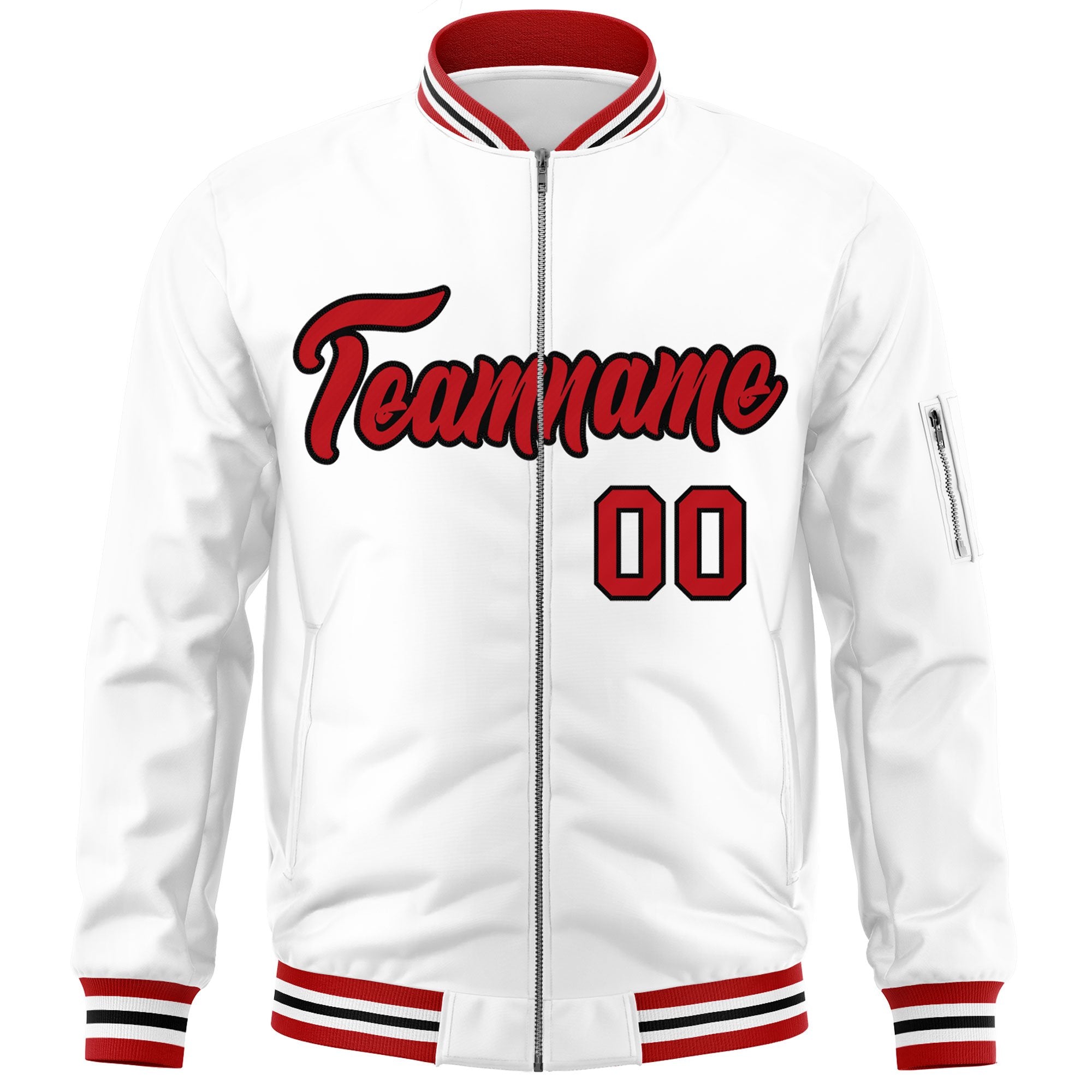 Custom White Red-Black Varsity Full-Zip Letterman Bomber Jacket