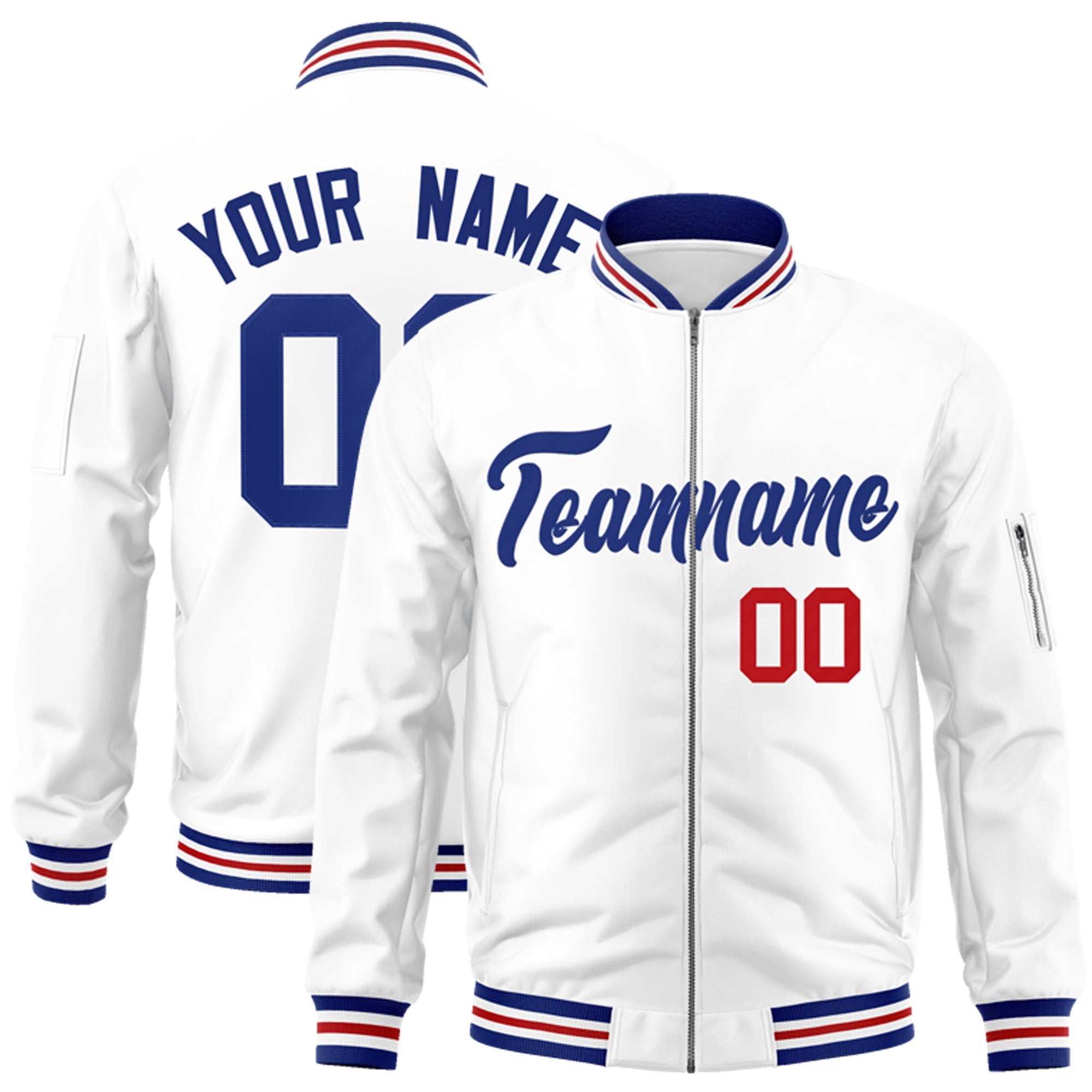 Custom White Royal Varsity Full-Zip Letterman Bomber Jacket