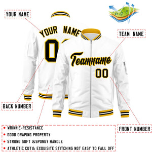 Custom White Black-Gold Varsity Full-Zip Letterman Bomber Jacket