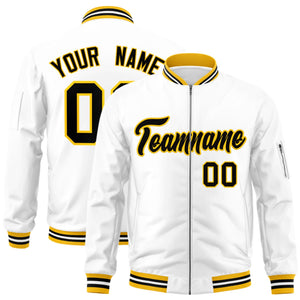 Custom White Black-Gold Varsity Full-Zip Letterman Bomber Jacket