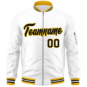 Custom White Black-Gold Varsity Full-Zip Letterman Bomber Jacket