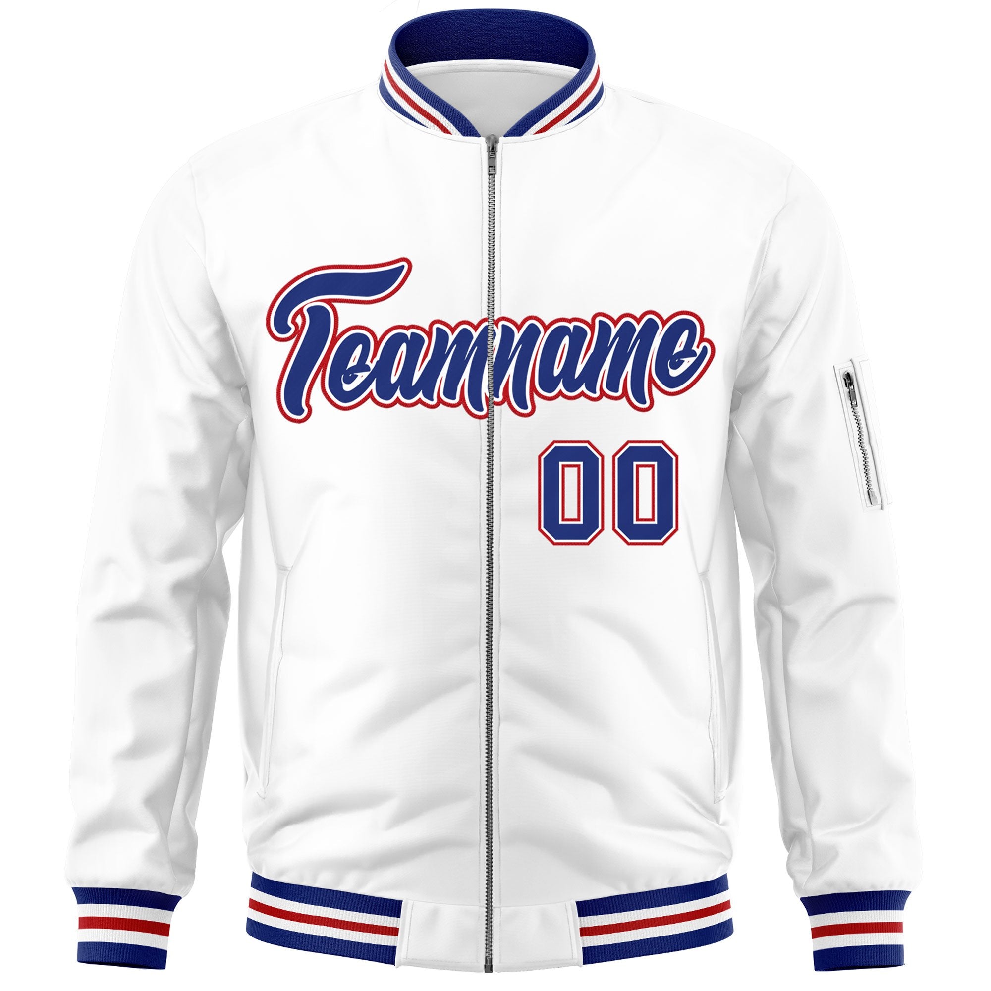 Custom White Royal-Red Varsity Full-Zip Letterman Bomber Jacket