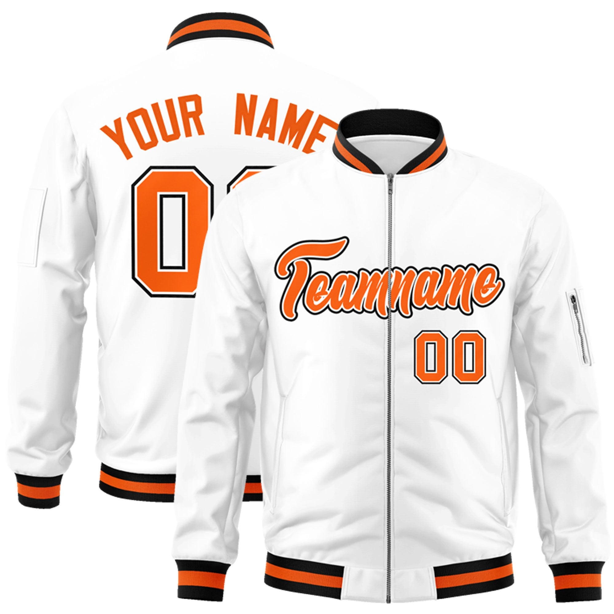 Custom White Orange-Black Varsity Full-Zip Letterman Bomber Jacket