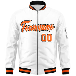 Custom White Orange-Black Varsity Full-Zip Letterman Bomber Jacket