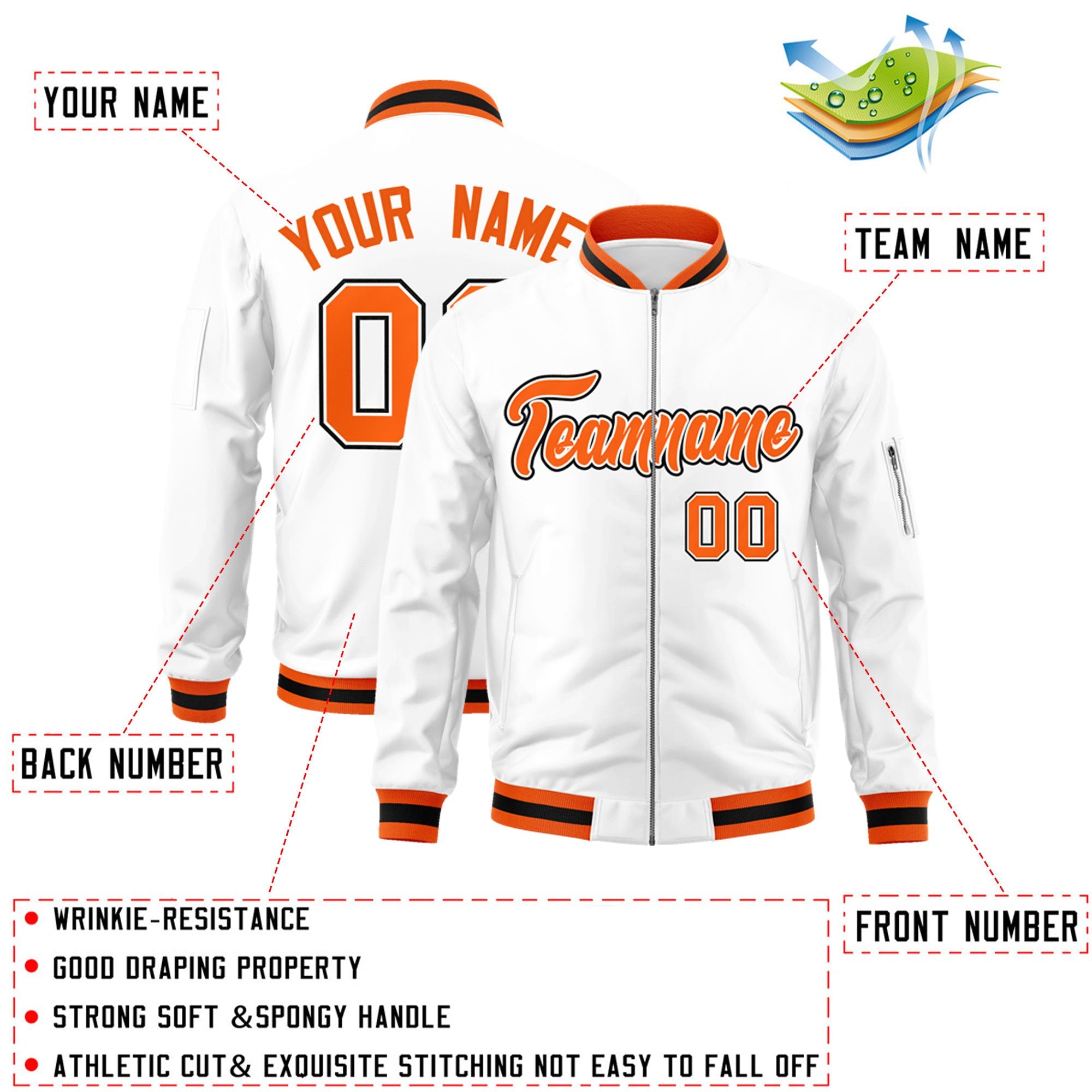 Custom White Orange-Black Varsity Full-Zip Letterman Bomber Jacket