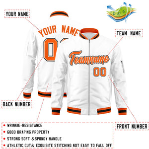 Custom White Orange-Black Varsity Full-Zip Letterman Bomber Jacket