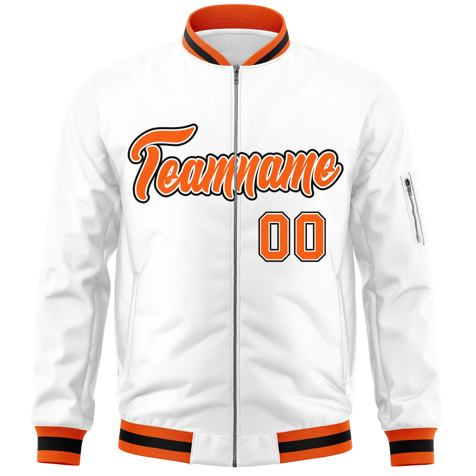 Custom White Orange-Black Varsity Full-Zip Letterman Bomber Jacket