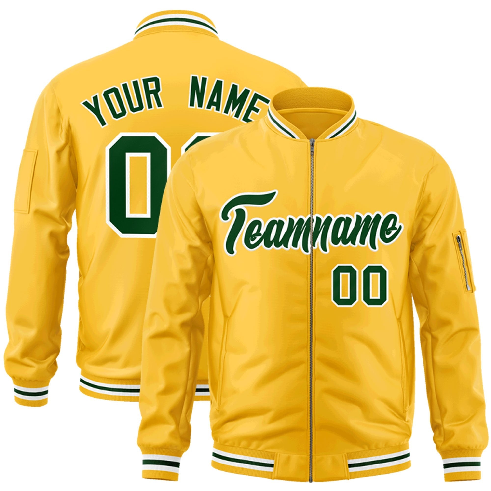 Custom Gold Green-White Varsity Full-Zip Letterman Bomber Jacket