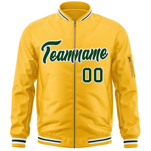 Custom Gold Green-White Varsity Full-Zip Letterman Bomber Jacket