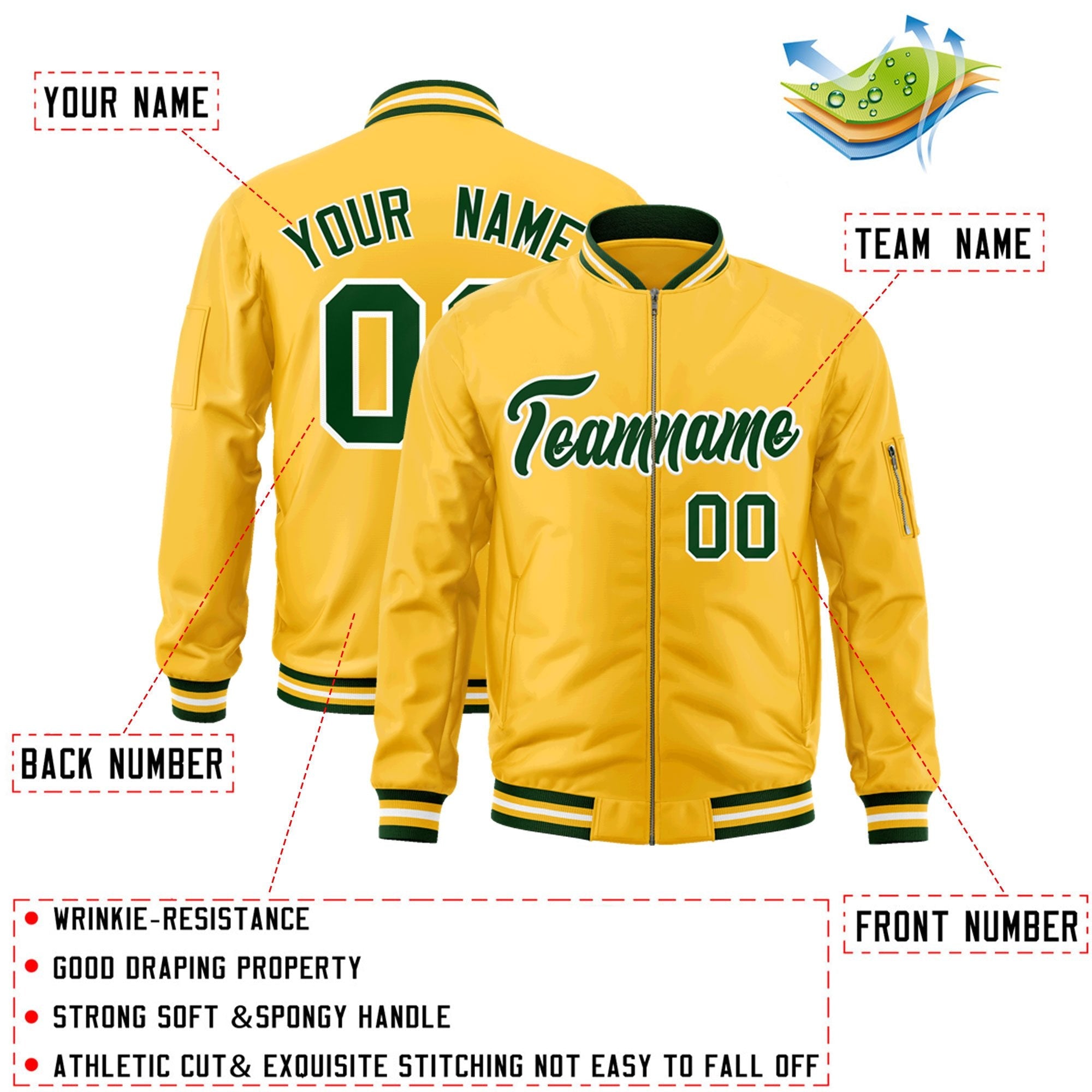 Custom Gold Green-White Varsity Full-Zip Letterman Bomber Jacket