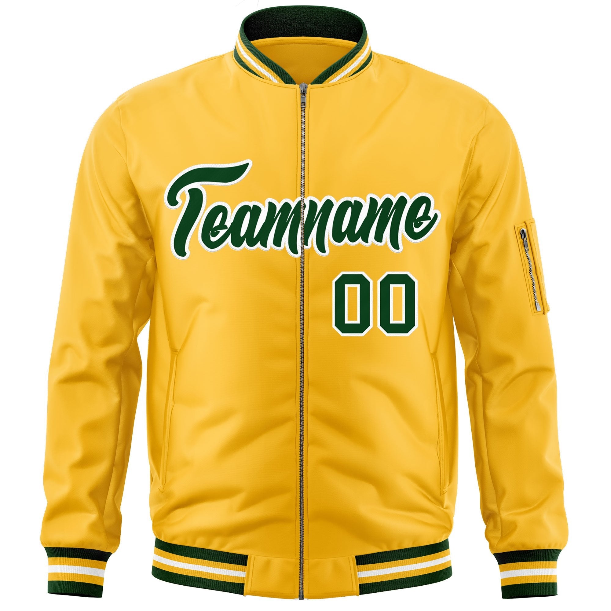 Custom Gold Green-White Varsity Full-Zip Letterman Bomber Jacket