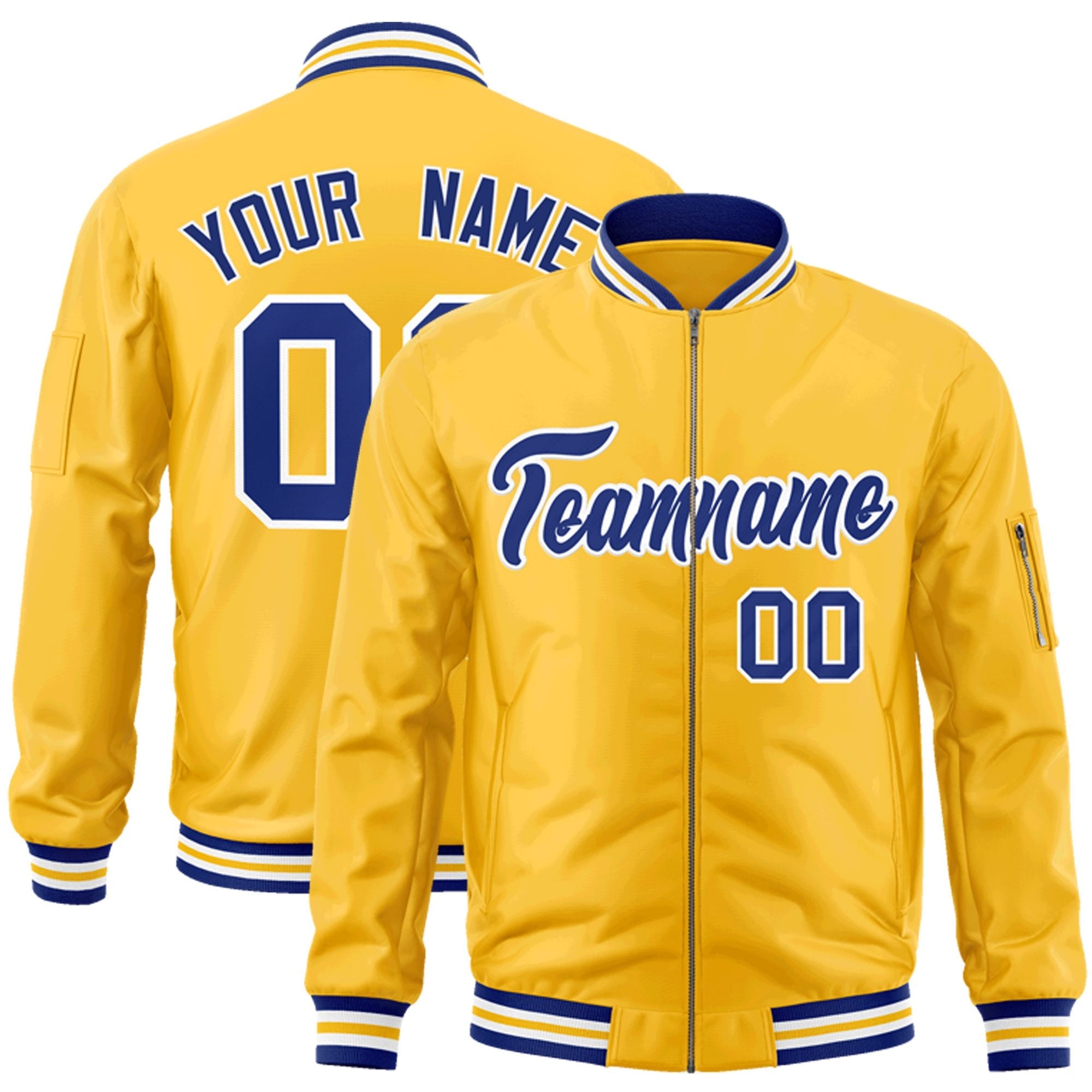 Custom Gold Royal-White Varsity Full-Zip Letterman Bomber Jacket