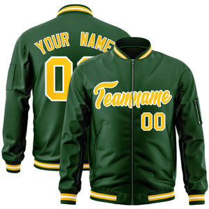 Custom Green Gold-White Varsity Full-Zip Letterman Bomber Jacket