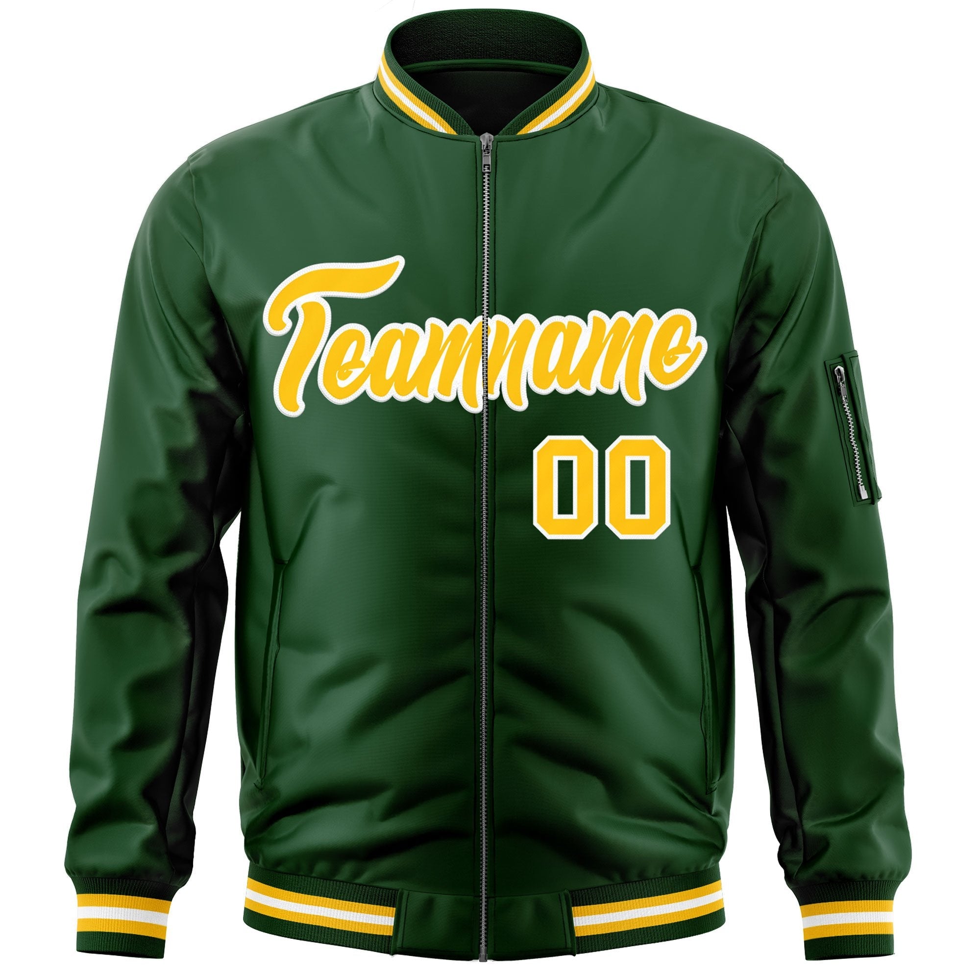 Custom Green Gold-White Varsity Full-Zip Letterman Bomber Jacket