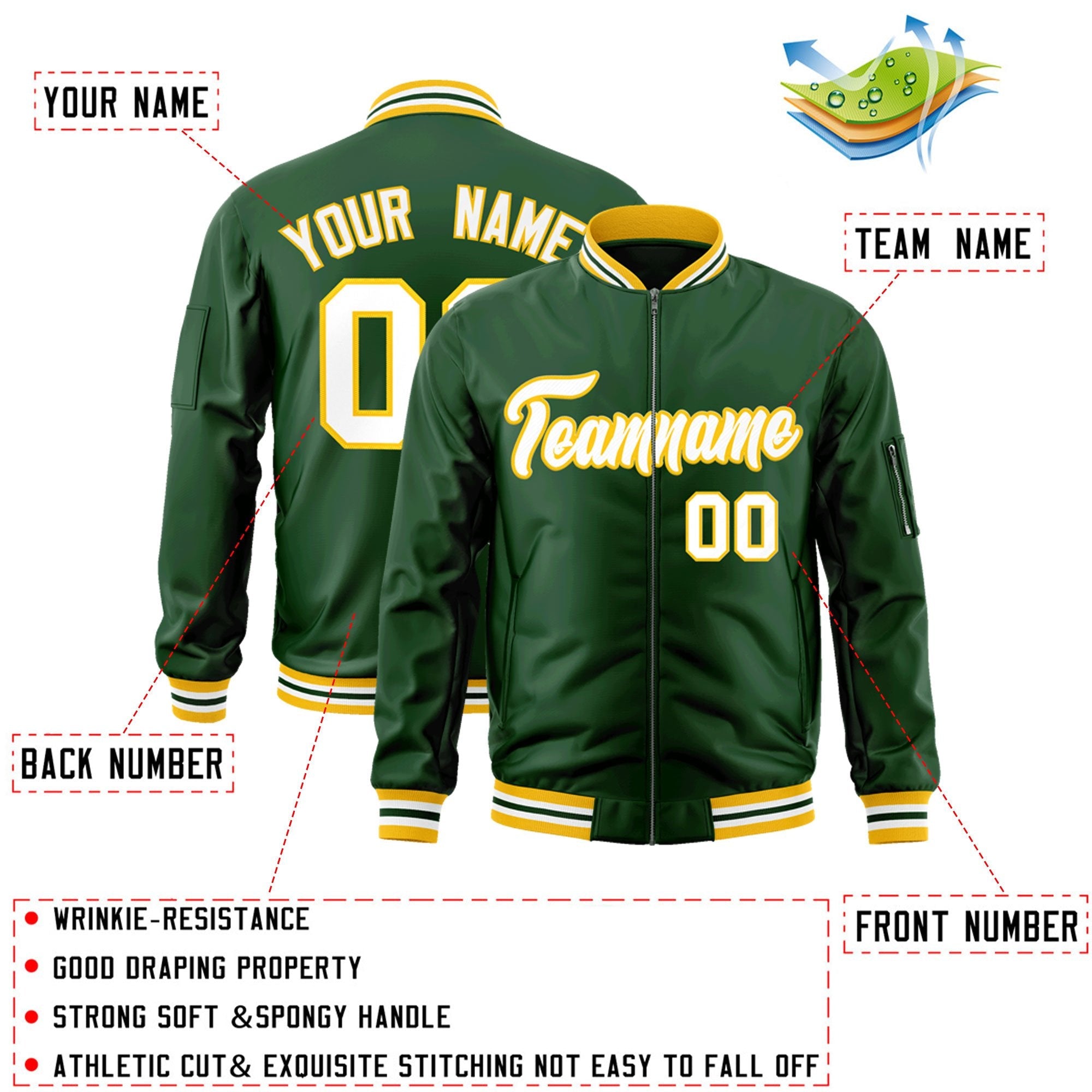 Custom Green White-Gold Varsity Full-Zip Letterman Bomber Jacket