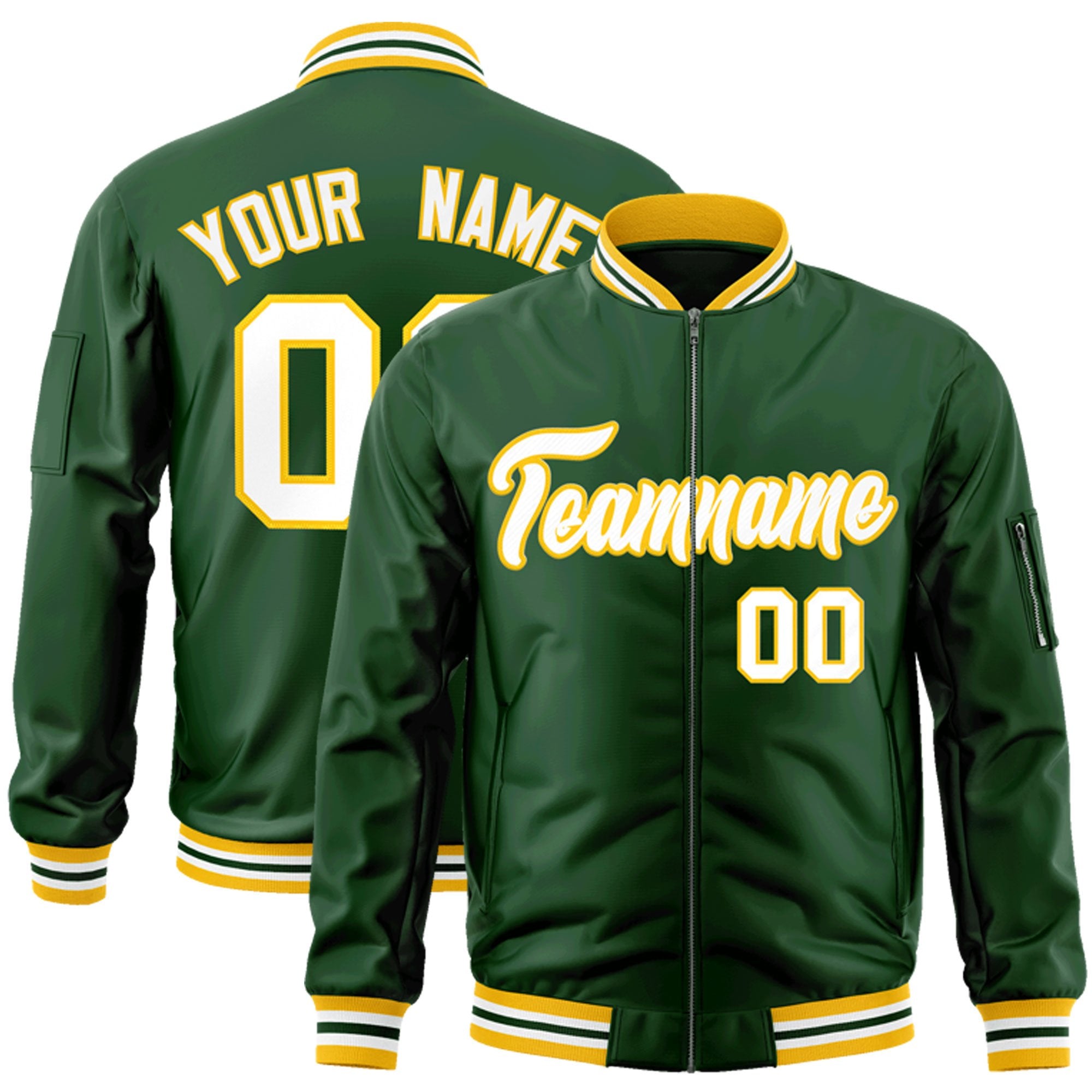 Custom Green White-Gold Varsity Full-Zip Letterman Bomber Jacket