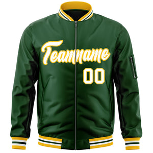 Custom Green White-Gold Varsity Full-Zip Letterman Bomber Jacket