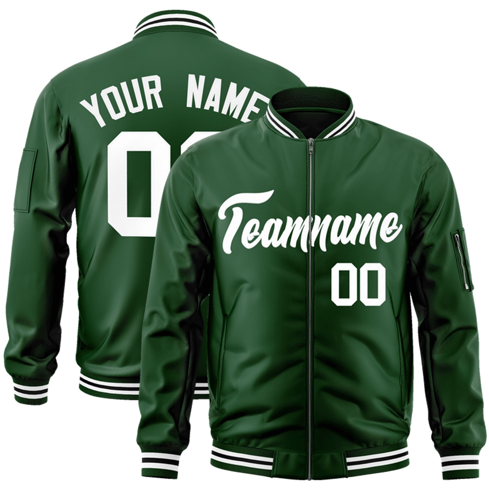 Custom Green White Varsity Full-Zip Letterman Bomber Jacket