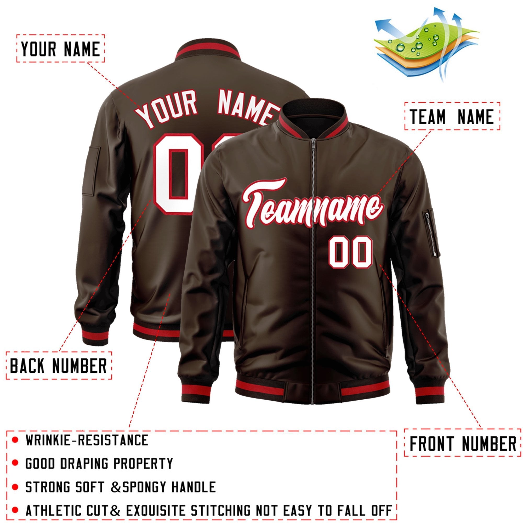 Custom Brown White-Red Varsity Full-Zip Letterman Bomber Jacket