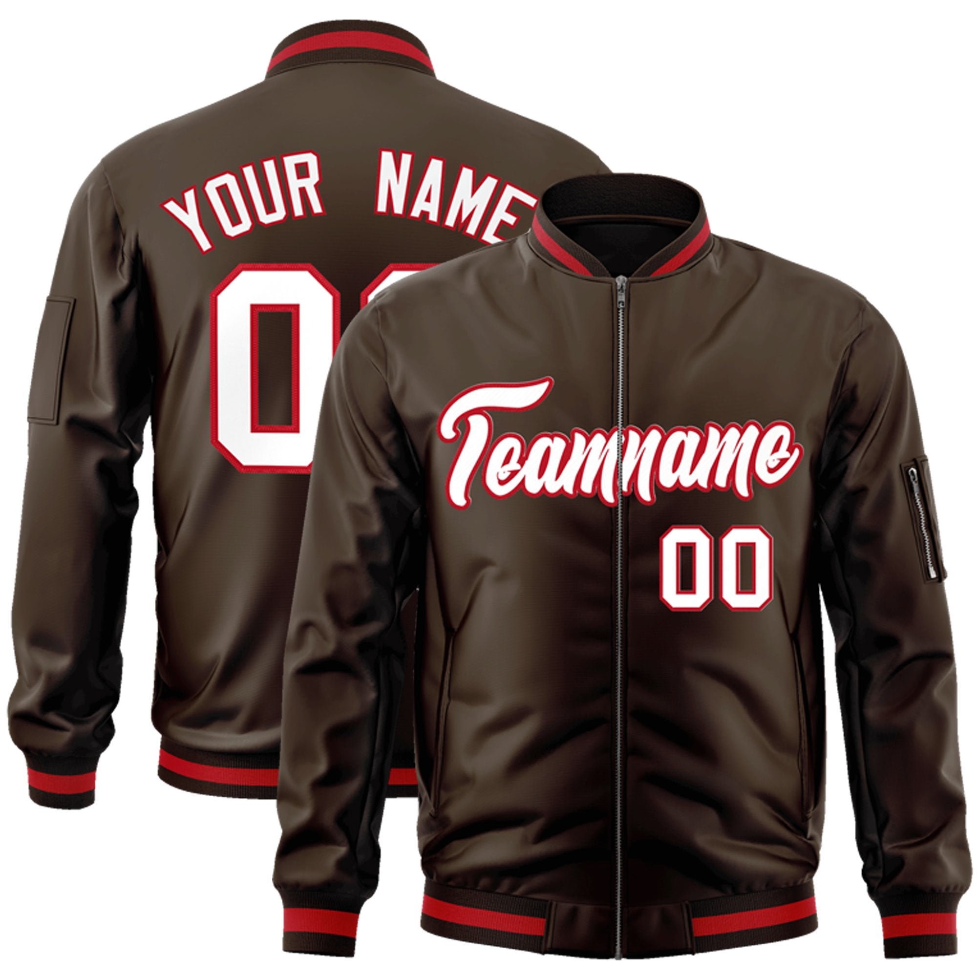 Custom Brown White-Red Varsity Full-Zip Letterman Bomber Jacket