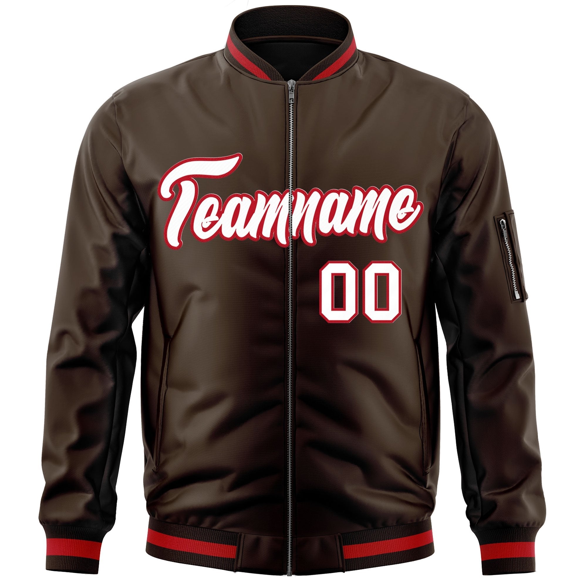 Custom Brown White-Red Varsity Full-Zip Letterman Bomber Jacket