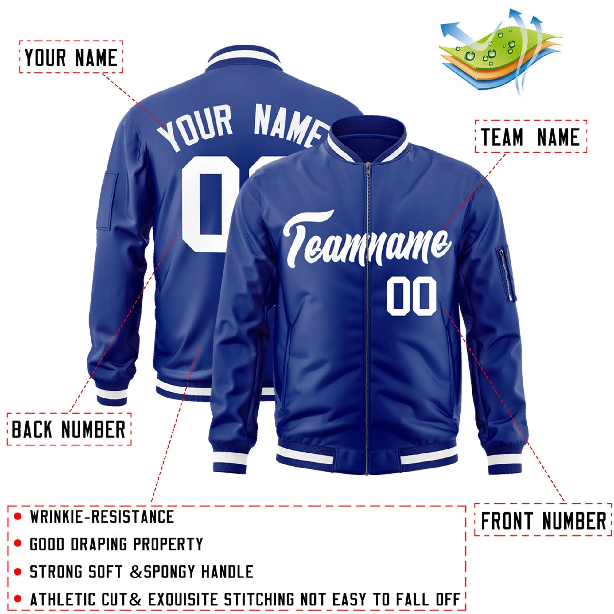 Custom Royal White Varsity Full-Zip Letterman Bomber Jacket