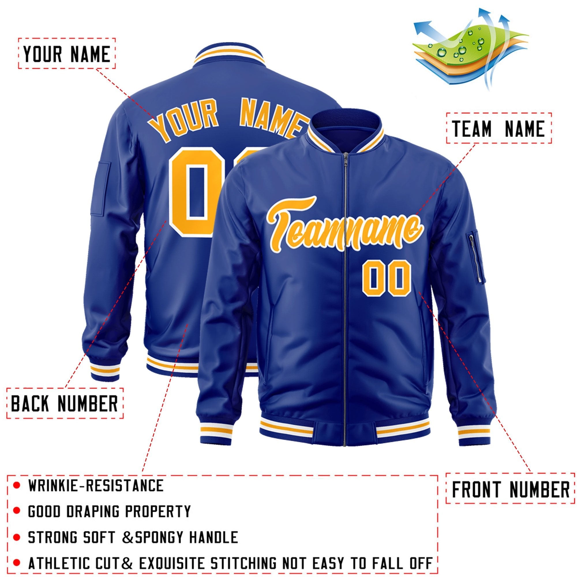 Custom Royal Gold-White Varsity Full-Zip Letterman Bomber Jacket