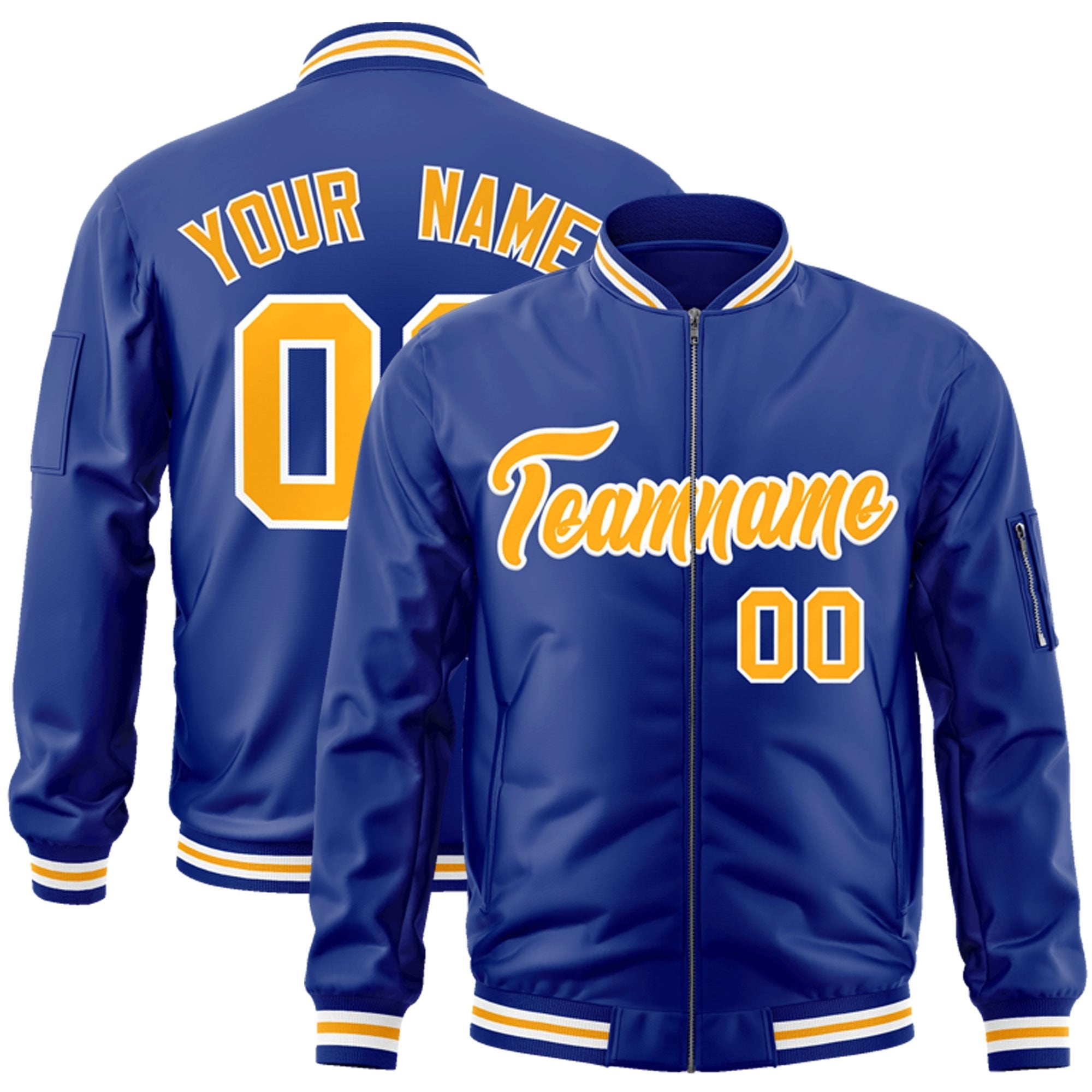 Custom Royal Gold-White Varsity Full-Zip Letterman Bomber Jacket