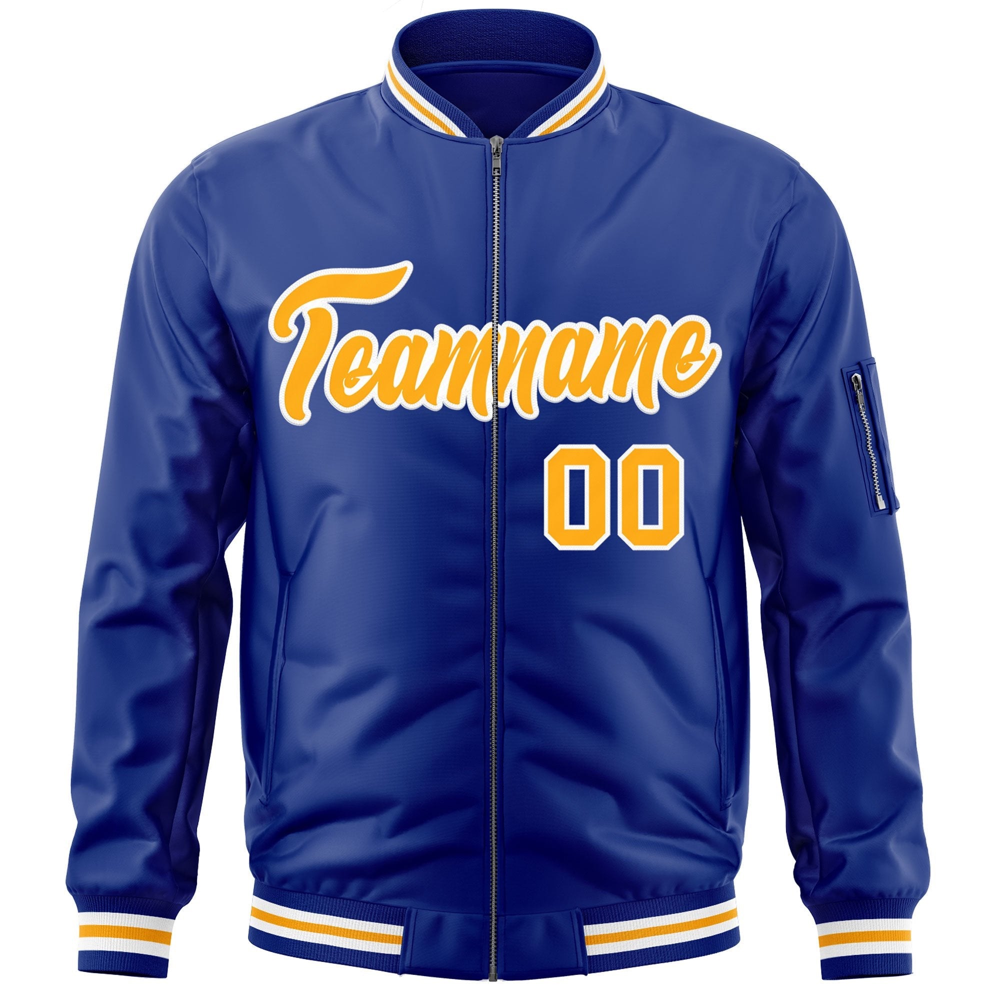 Custom Royal Gold-White Varsity Full-Zip Letterman Bomber Jacket