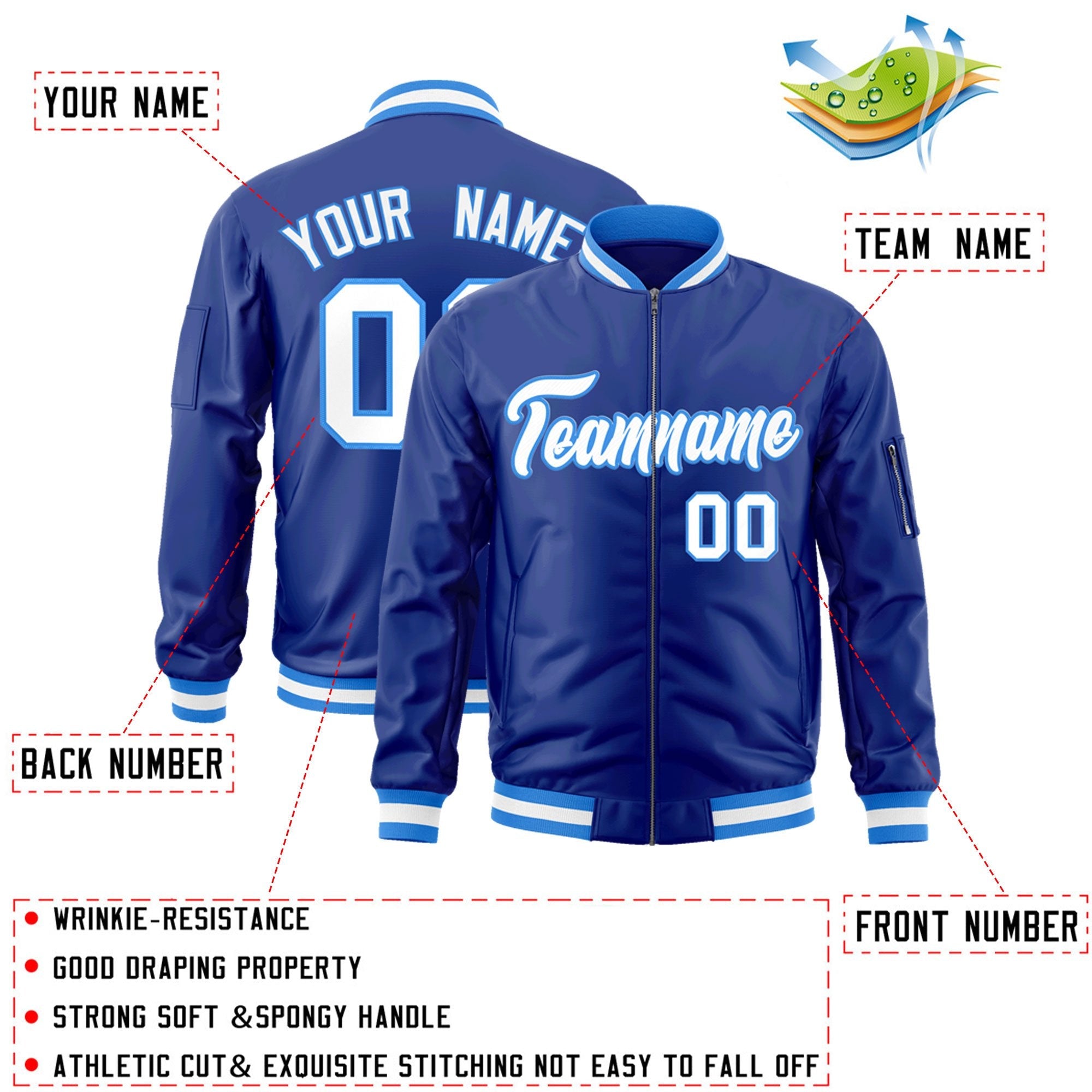 Custom Royal White-Powder Blue Varsity Full-Zip Letterman Bomber Jacket