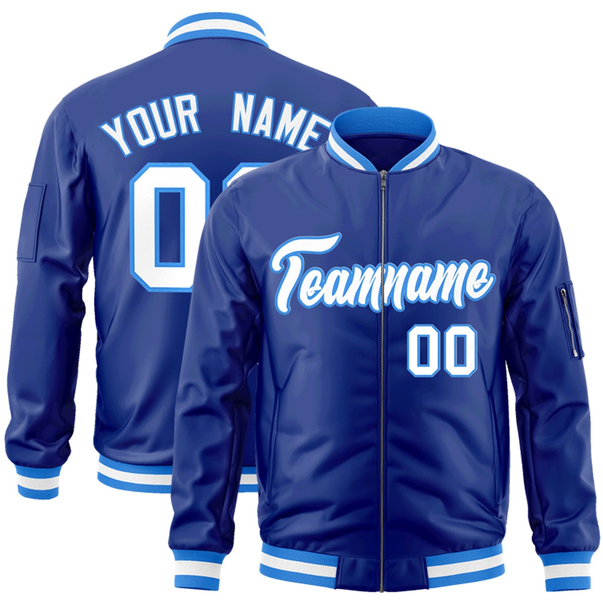 Custom Royal White-Powder Blue Varsity Full-Zip Letterman Bomber Jacket