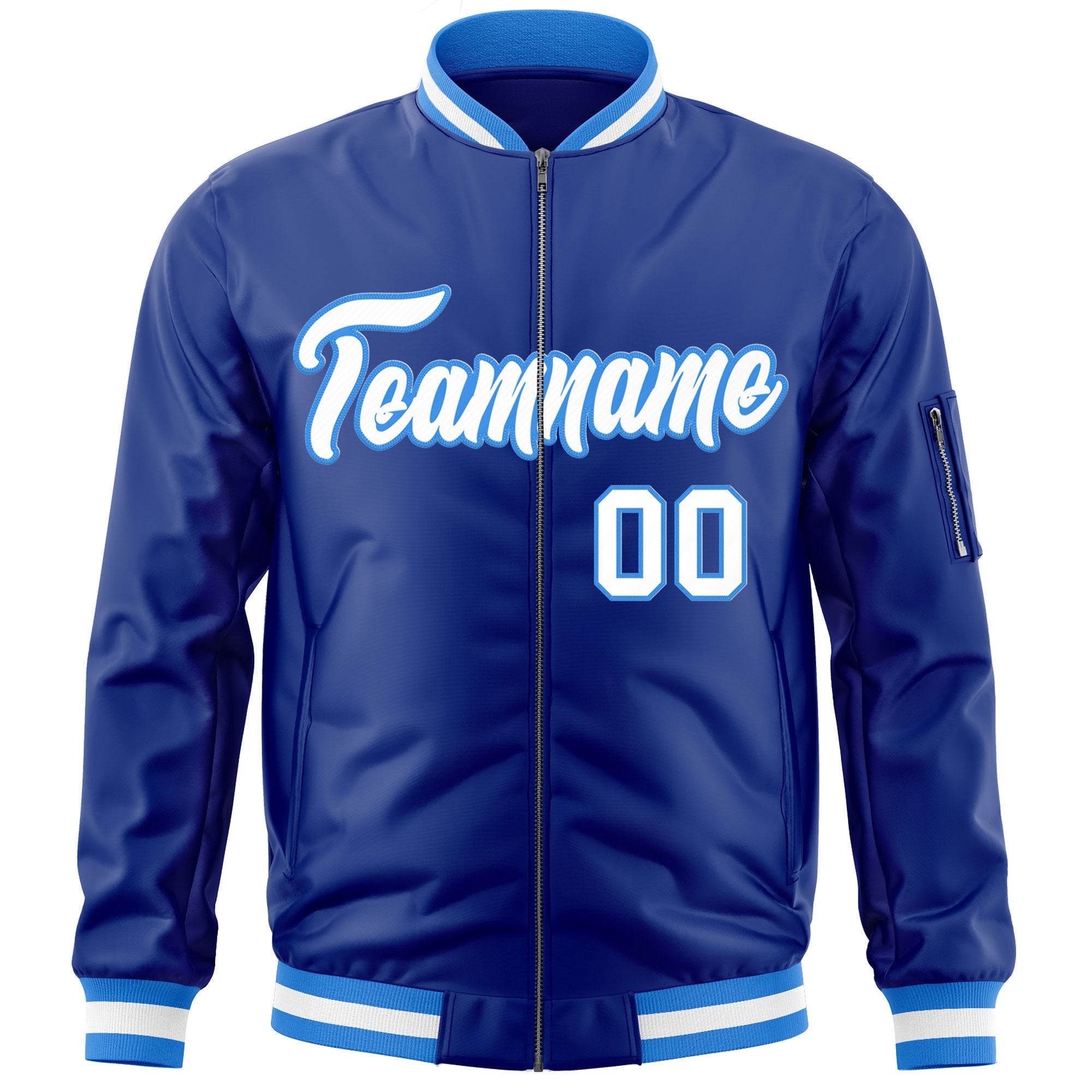 Custom Royal White-Powder Blue Varsity Full-Zip Letterman Bomber Jacket