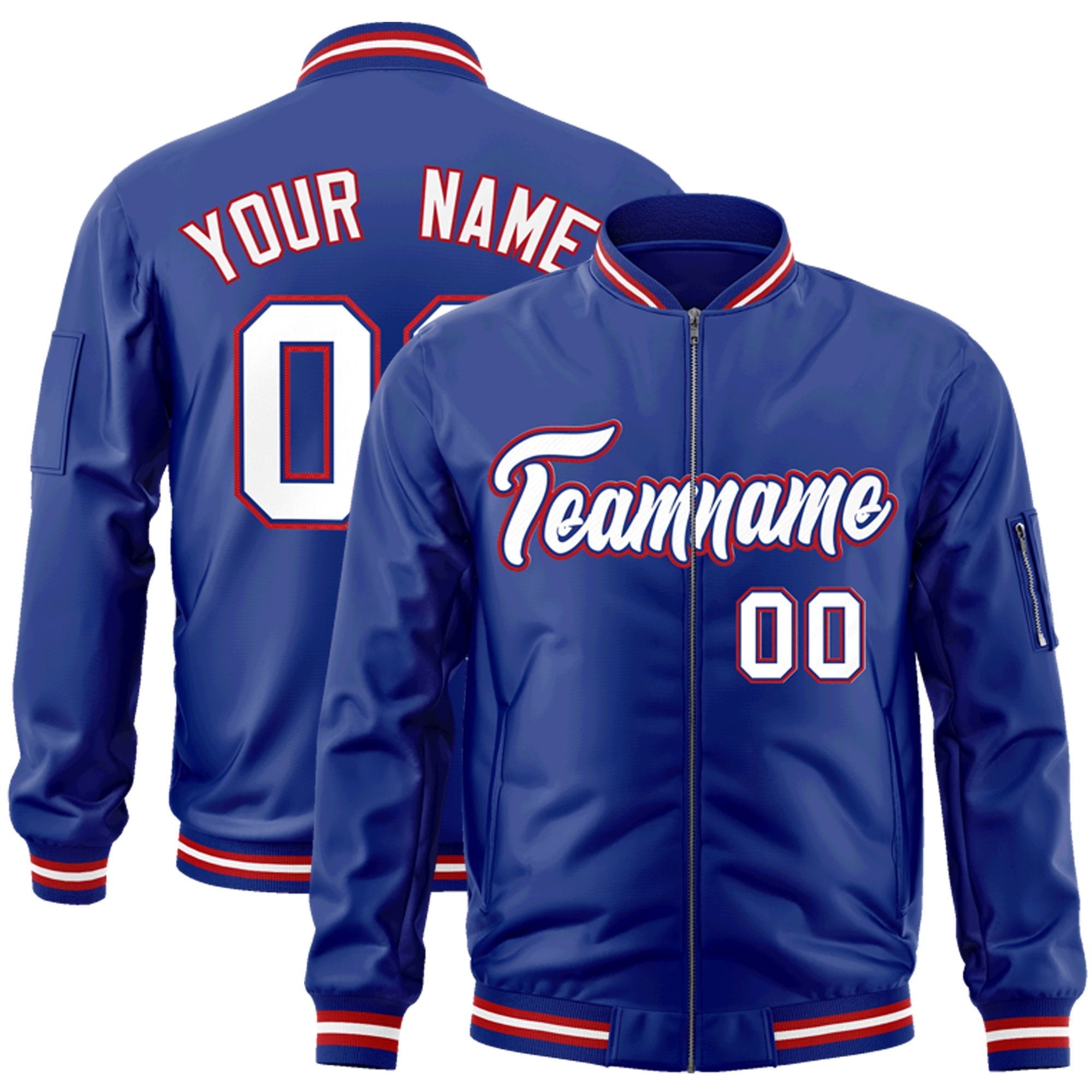 Custom Royal White-Red Varsity Full-Zip Letterman Bomber Jacket