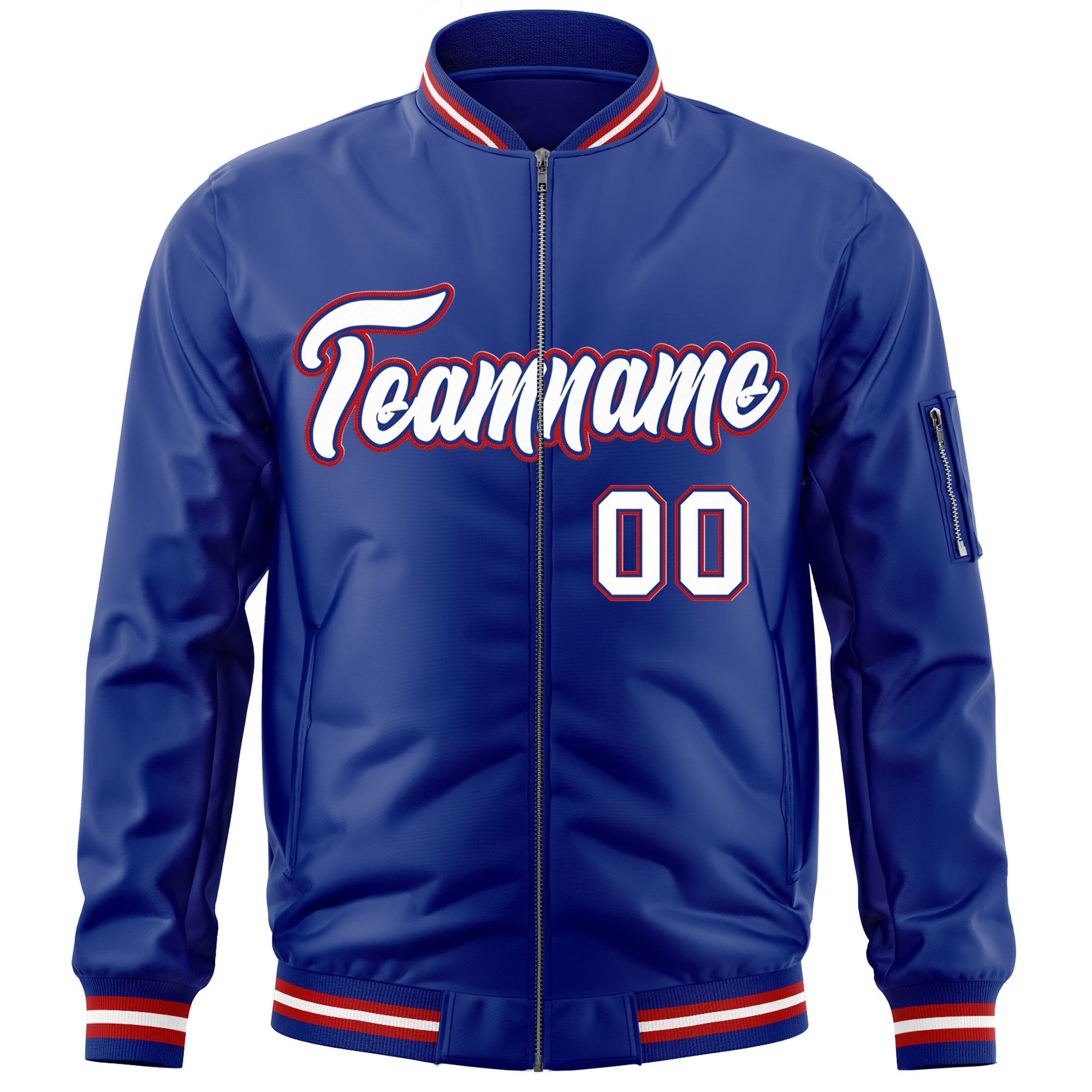 Custom Royal White-Red Varsity Full-Zip Letterman Bomber Jacket