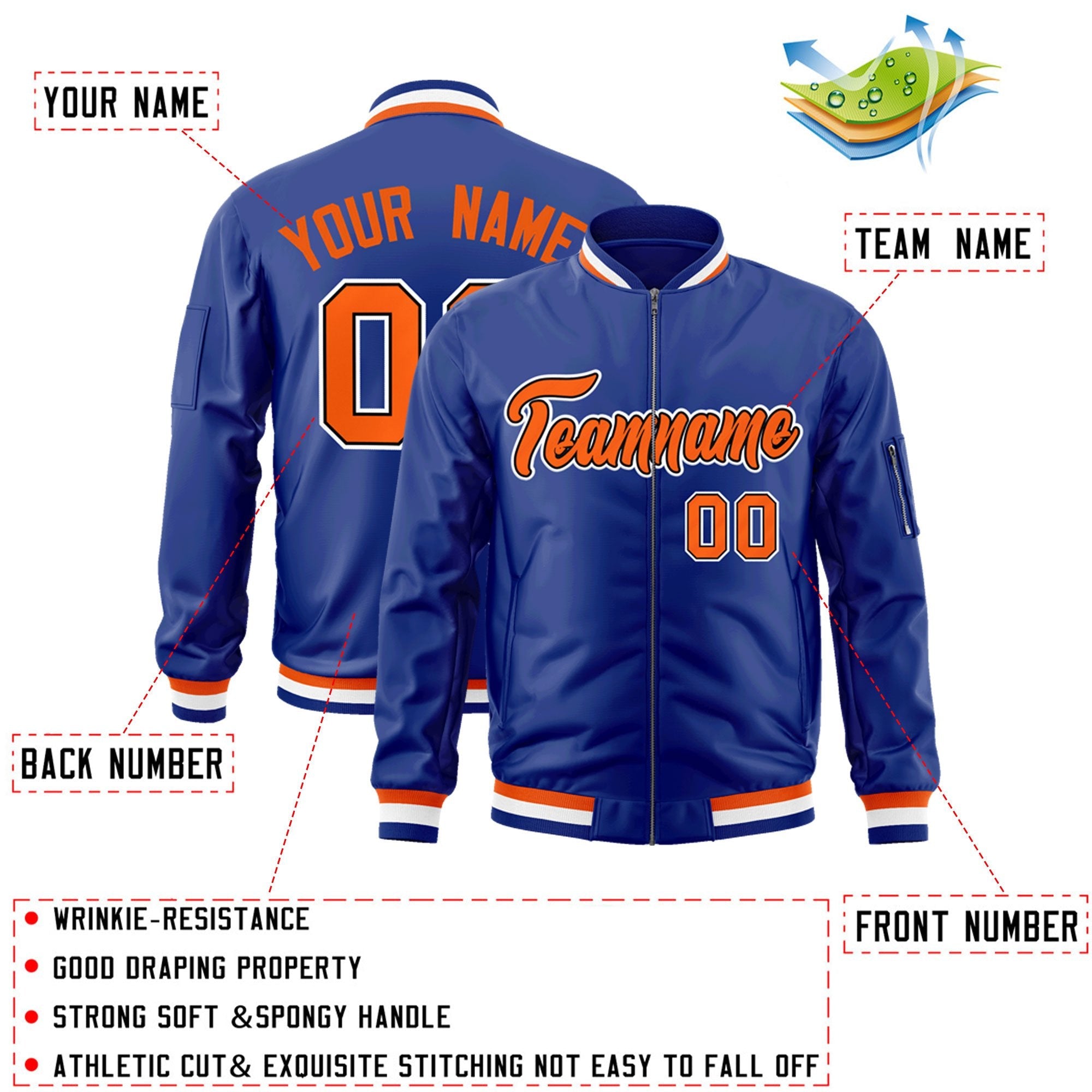 Custom Royal Orange-White Varsity Full-Zip Letterman Bomber Jacket