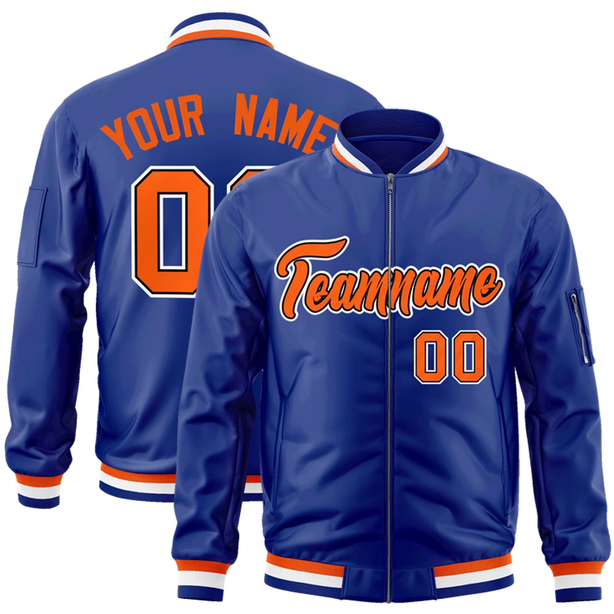 Custom Royal Orange-White Varsity Full-Zip Letterman Bomber Jacket