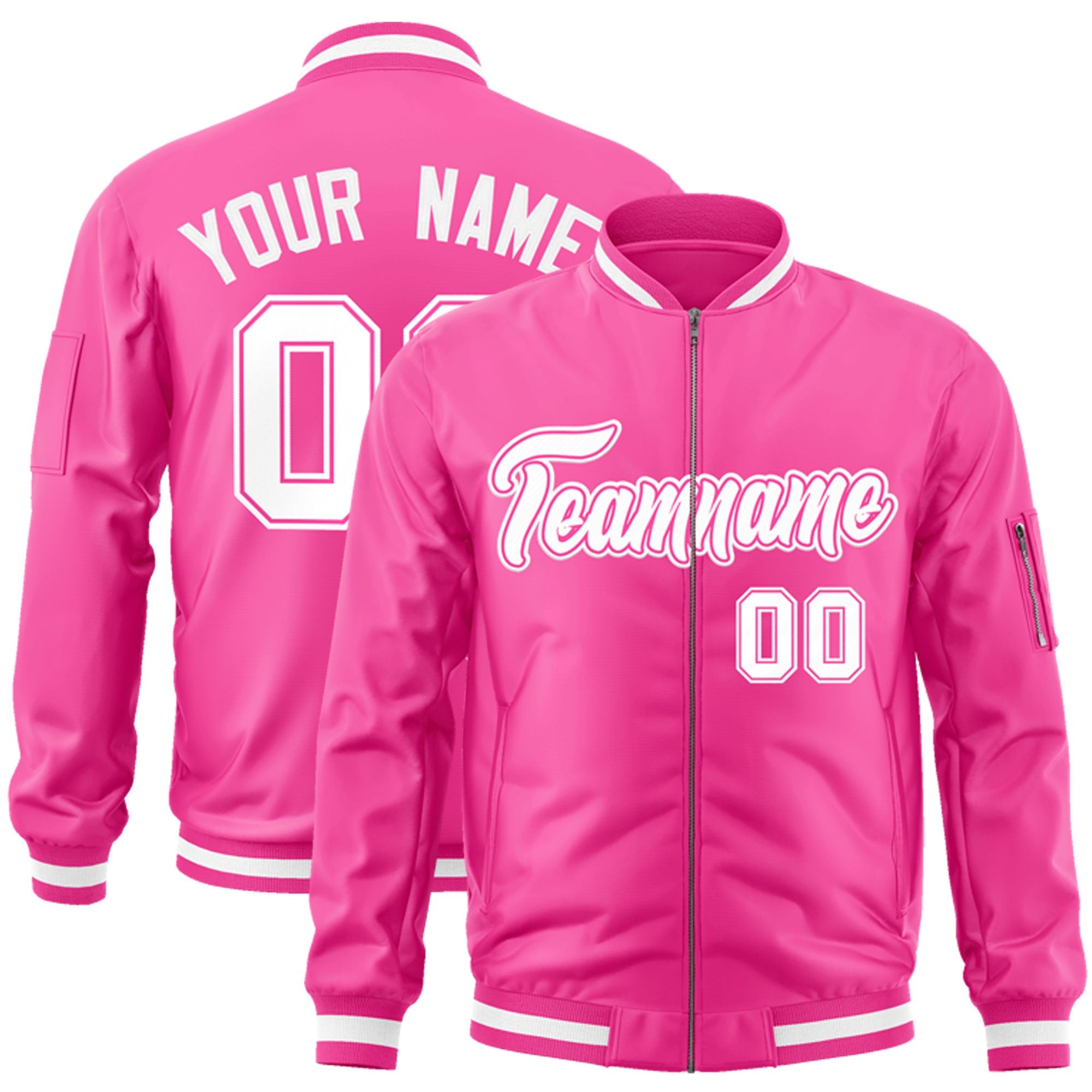 Custom Pink White Varsity Full-Zip Letterman Bomber Jacket