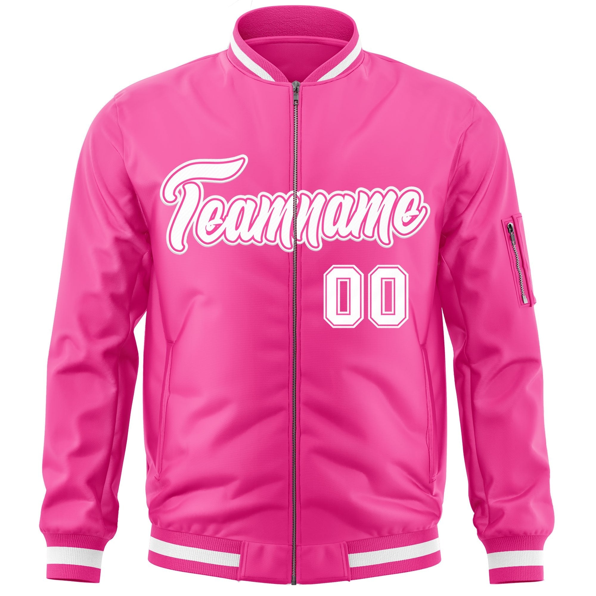 Custom Pink White Varsity Full-Zip Letterman Bomber Jacket