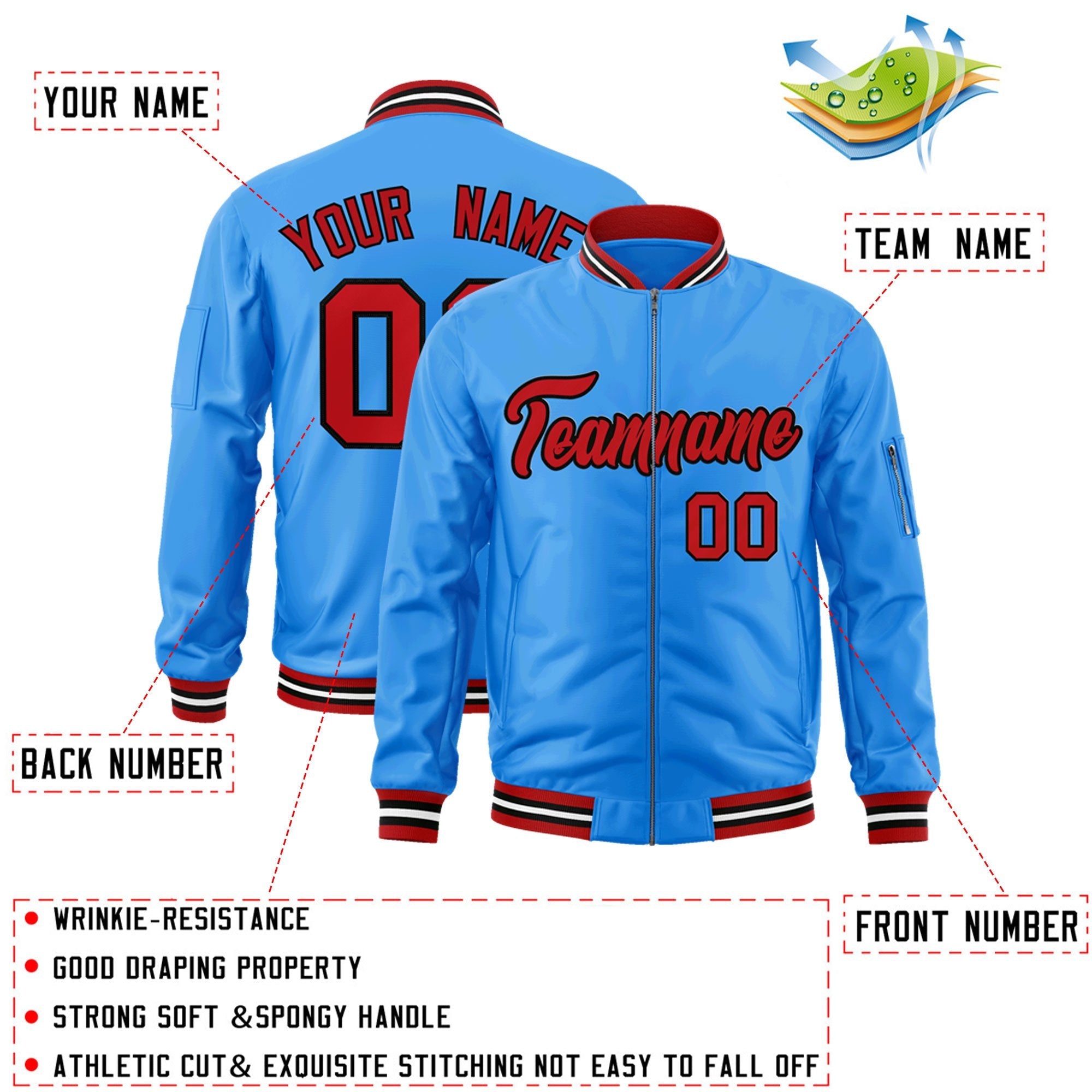 Custom Powder Blue Red-Black Varsity Full-Zip Letterman Bomber Jacket