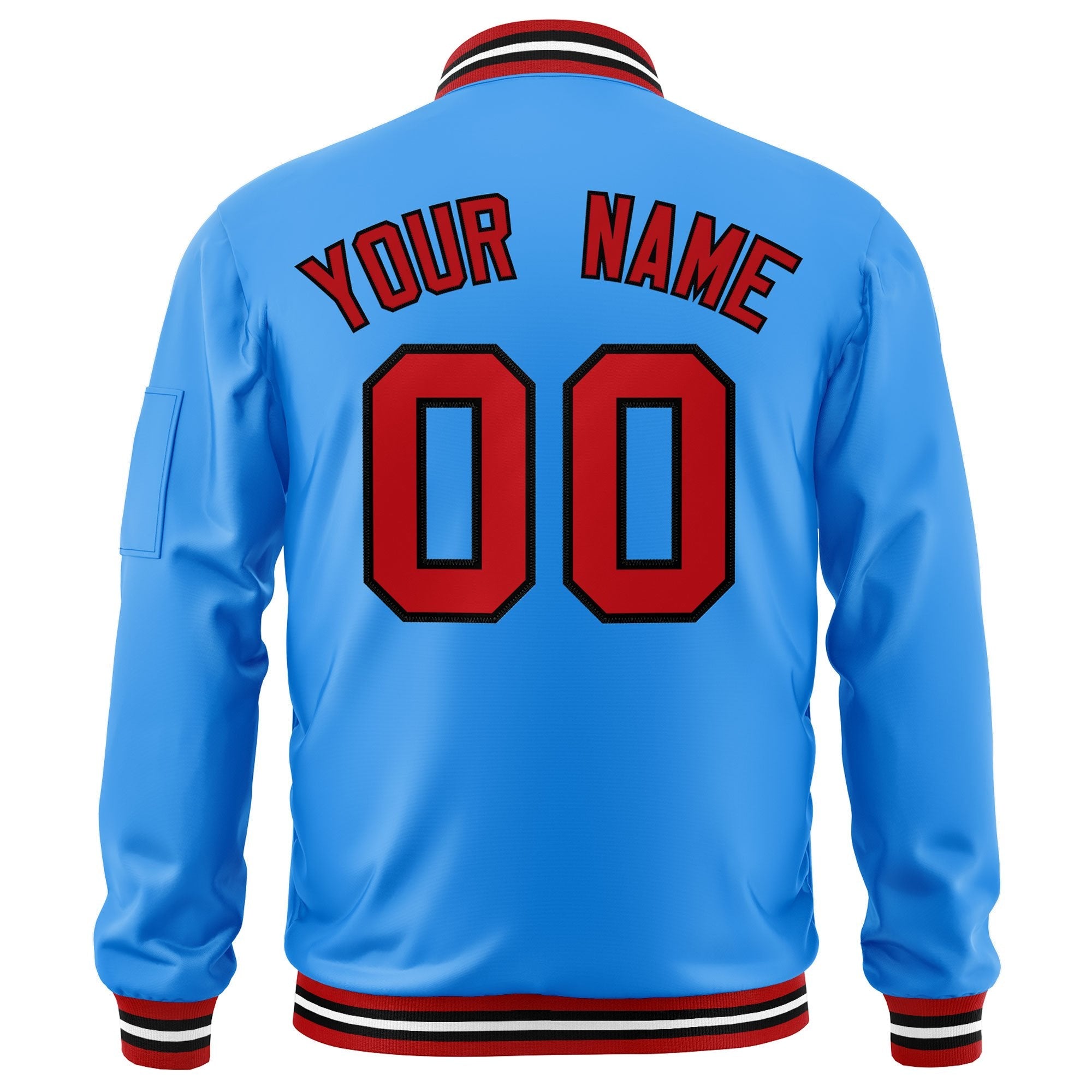 Custom Powder Blue Red-Black Varsity Full-Zip Letterman Bomber Jacket