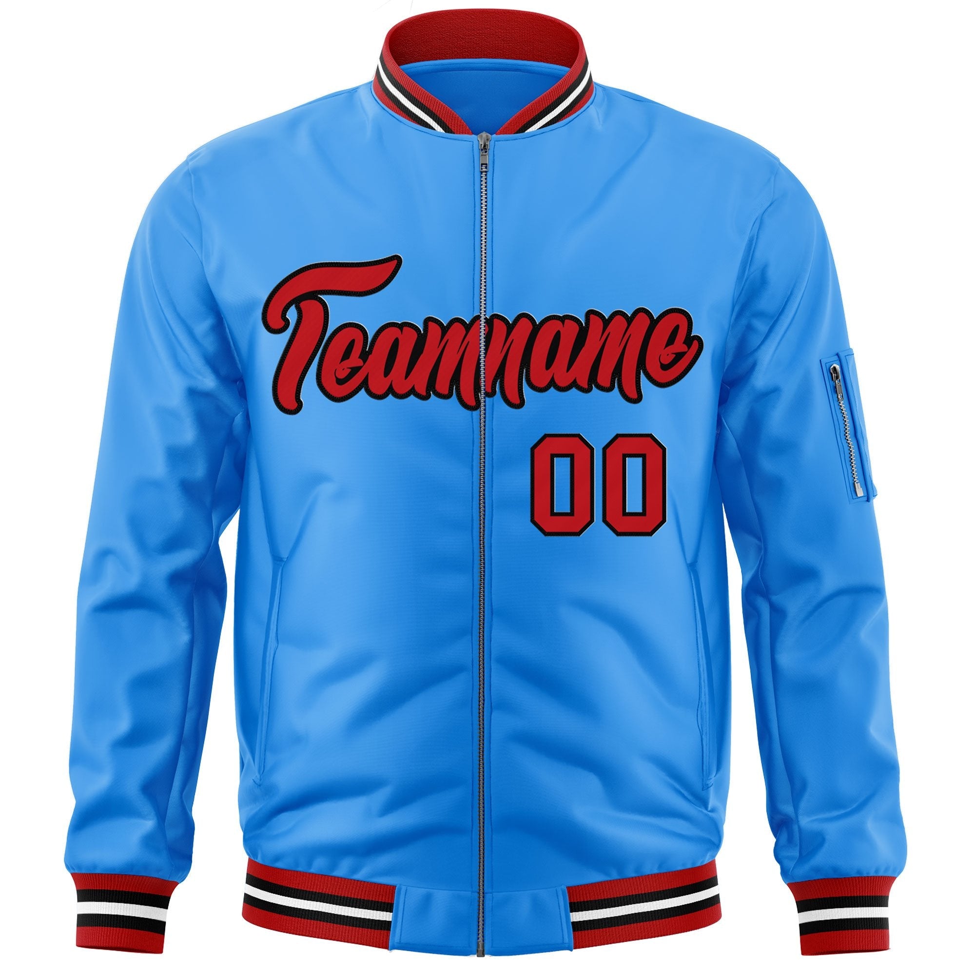 Custom Powder Blue Red-Black Varsity Full-Zip Letterman Bomber Jacket