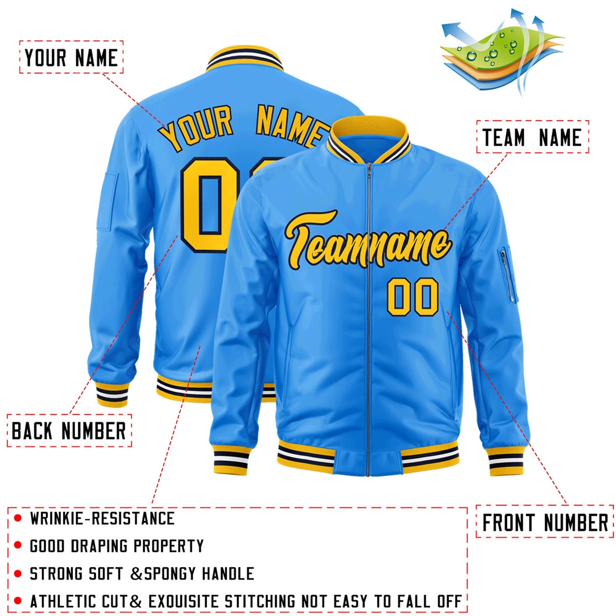 Custom Powder Blue Gold-Black Varsity Full-Zip Letterman Bomber Jacket