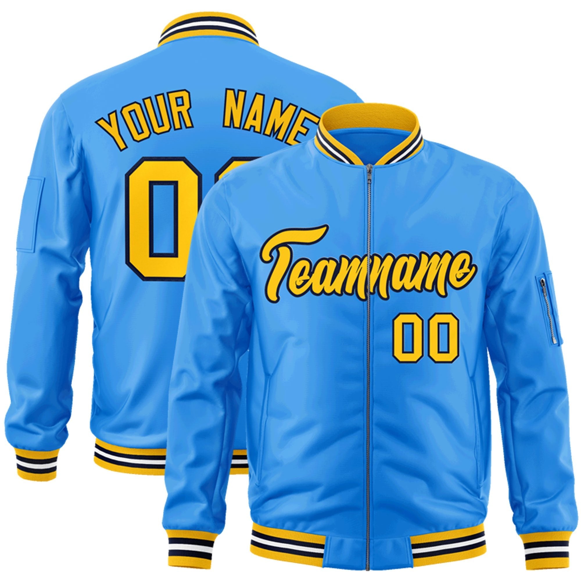 Custom Powder Blue Gold-Black Varsity Full-Zip Letterman Bomber Jacket