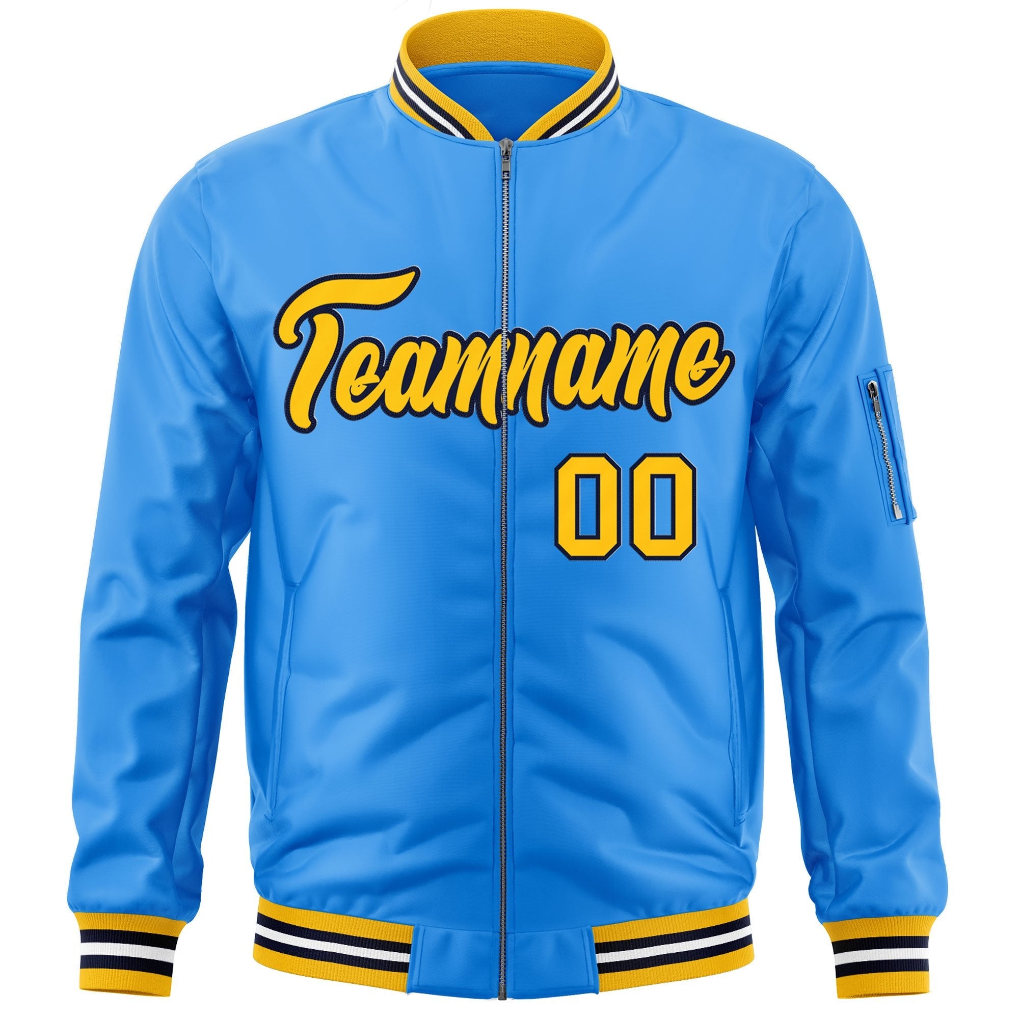 Custom Powder Blue Gold-Black Varsity Full-Zip Letterman Bomber Jacket