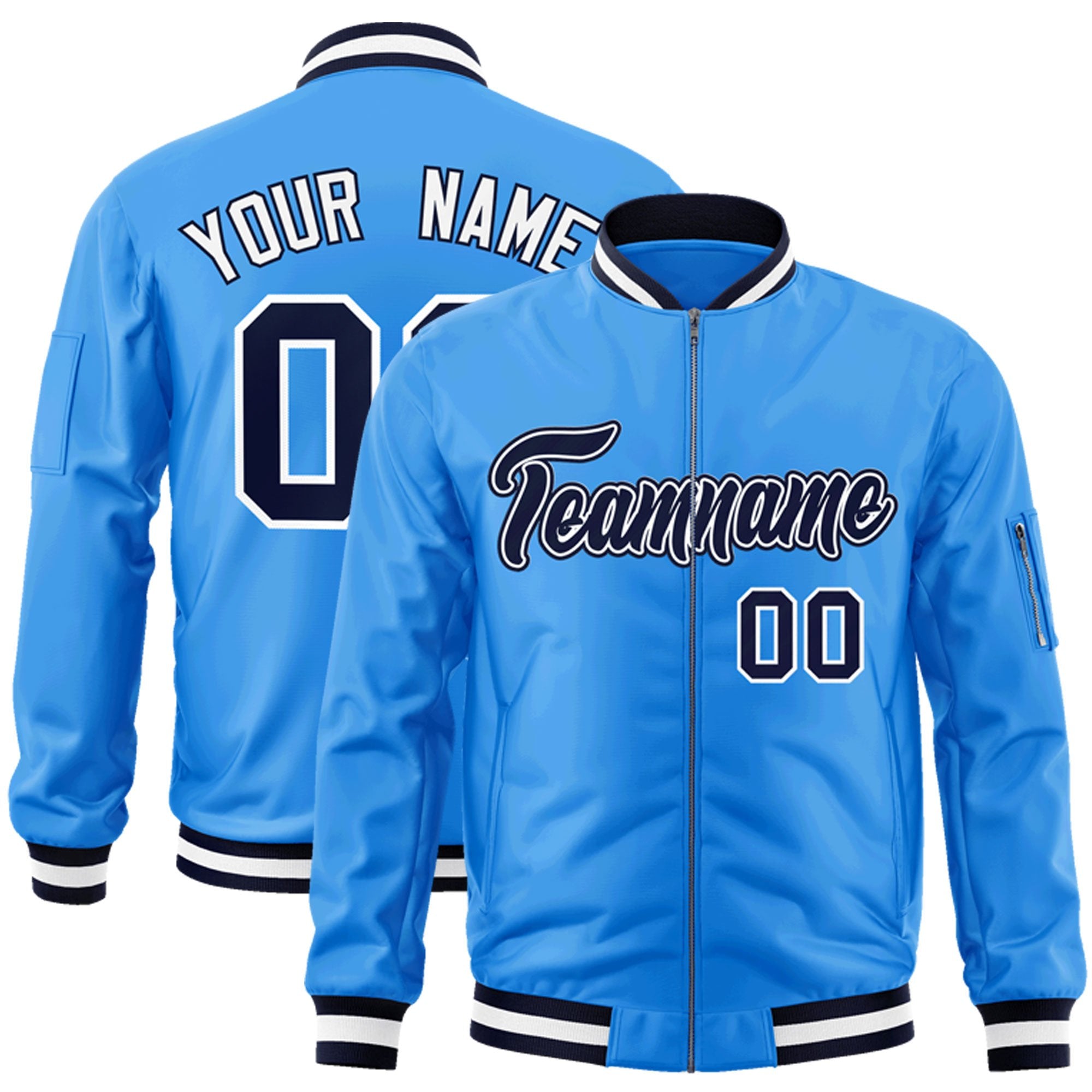 Custom Powder Blue Navy-White Varsity Full-Zip Letterman Bomber Jacket