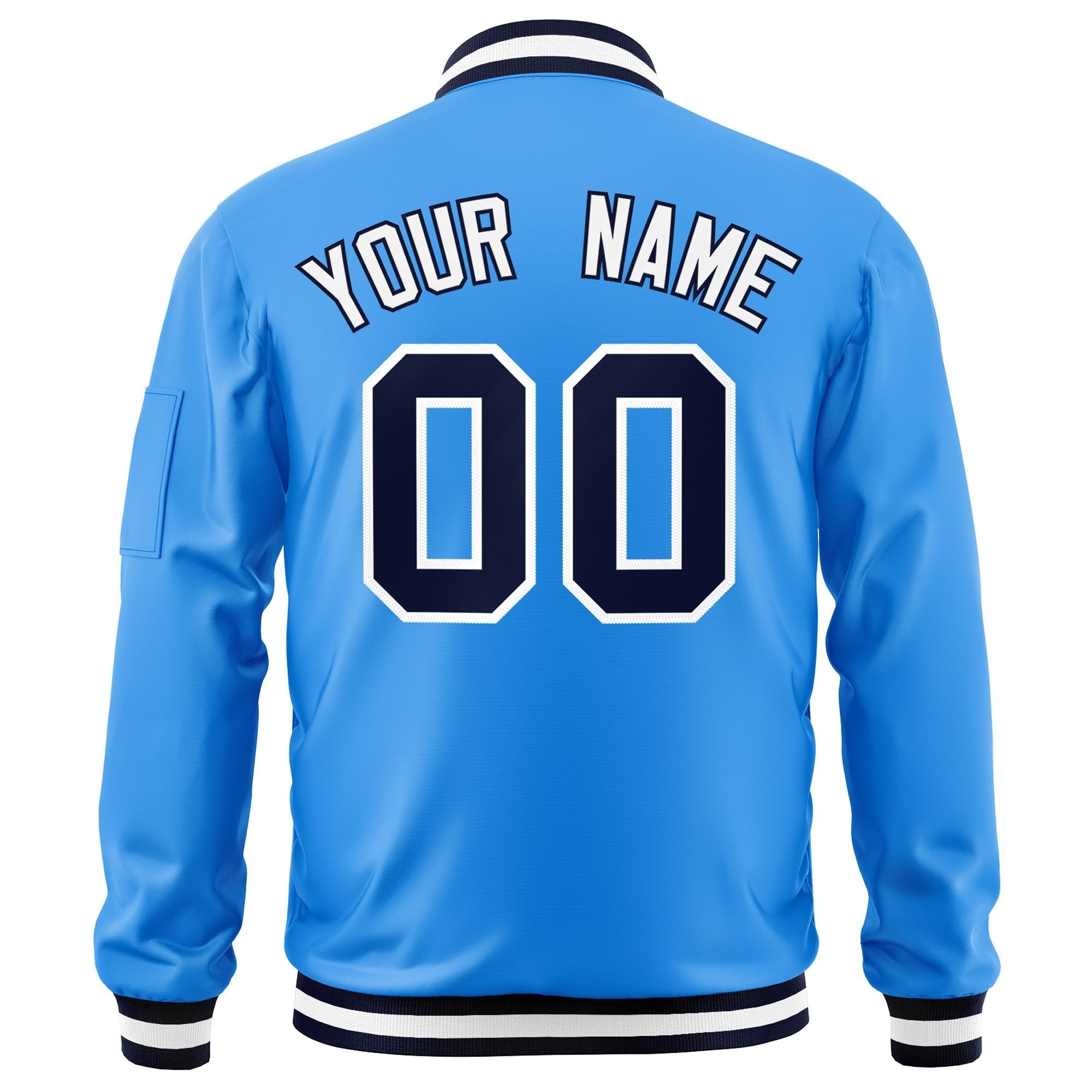 Custom Powder Blue Navy-White Varsity Full-Zip Letterman Bomber Jacket